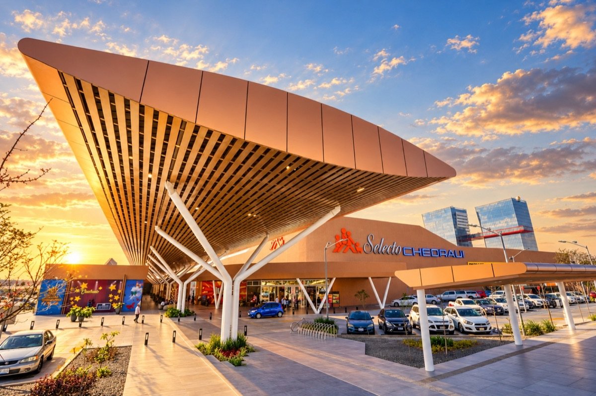 Plaza comercial con cubierta de madera al atardecer